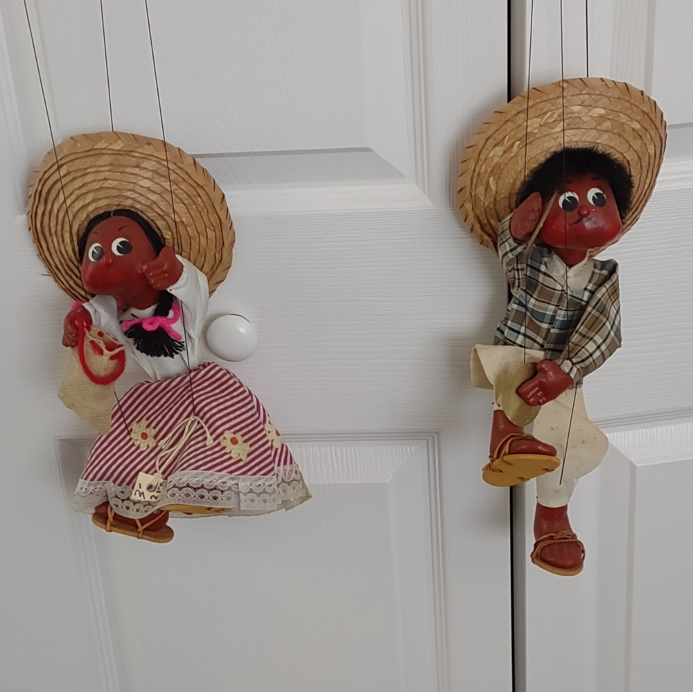 Lot of 2 Marionette Mexican String Puppets- Vintage 14"L Male and Female